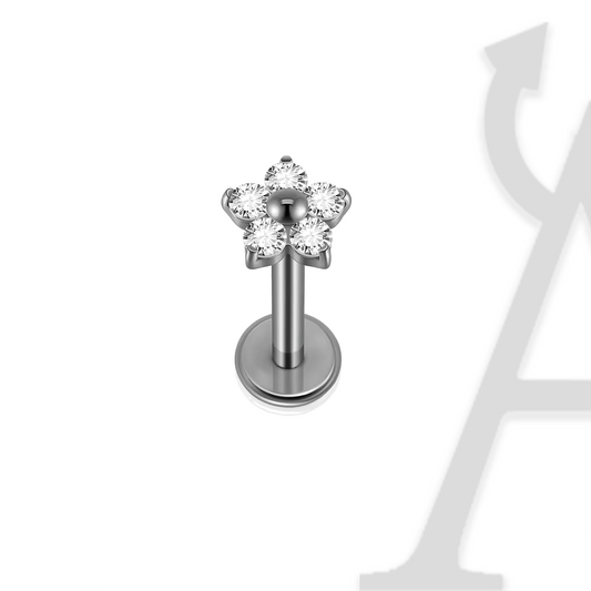 Labret flor de cinco zircónias em titânio prateado, topo de 4,5 mm
