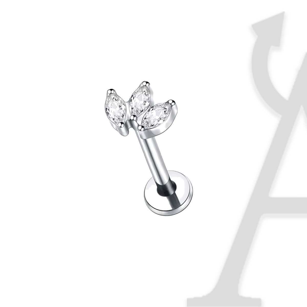 Labret com trio de zircónias marquise em leque em titânio prateado