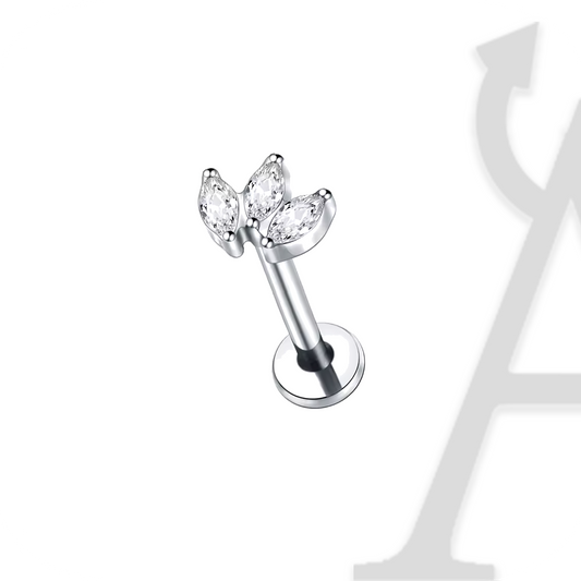 Labret com trio de zircónias marquise em leque em titânio prateado