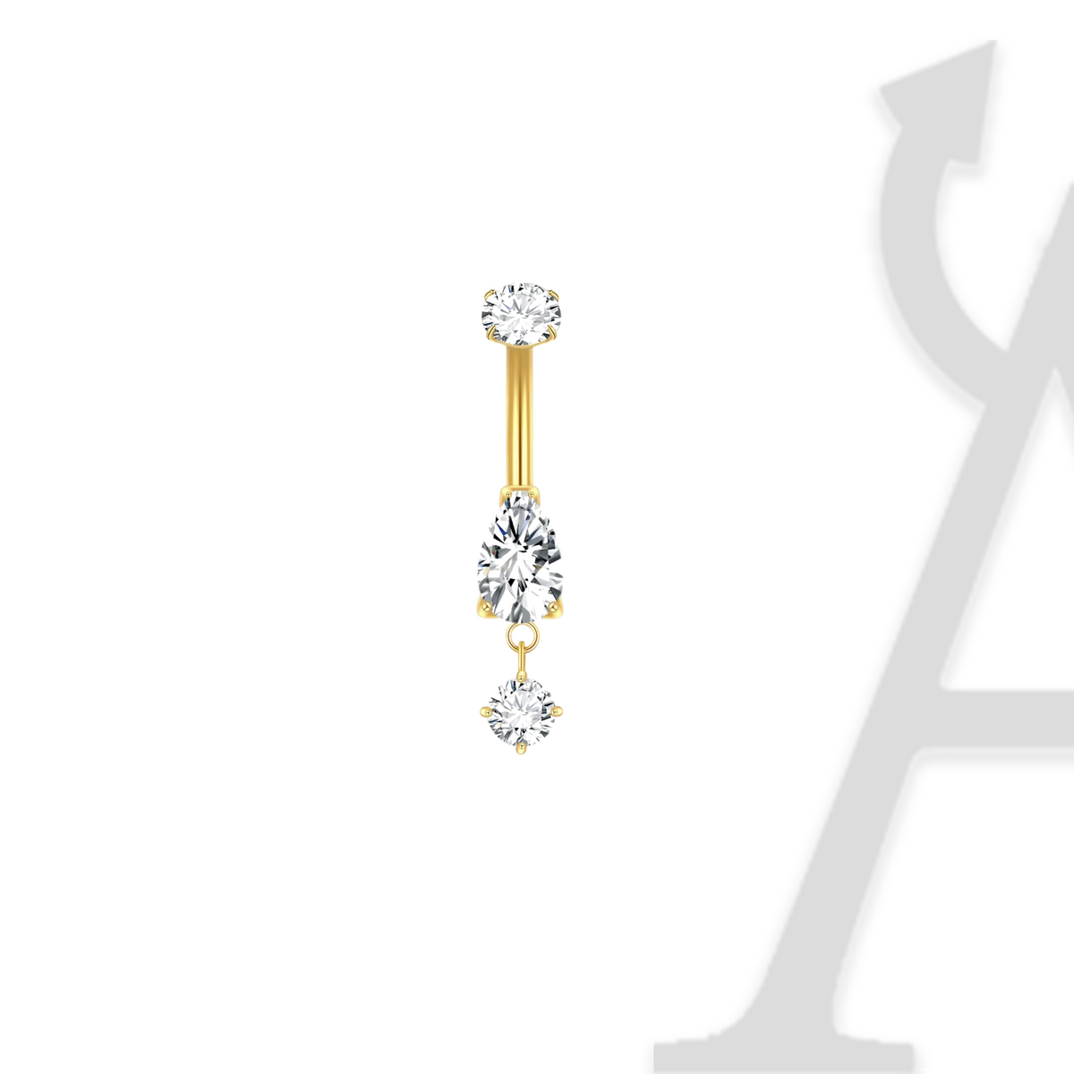 Piercing de umbigo dourado com zircónia em gota e pendente
