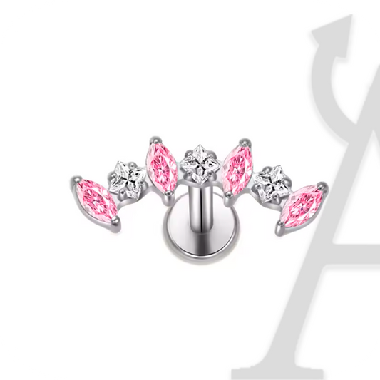 Coroa Radiante Labret em Titânio prateado com pedras rosa