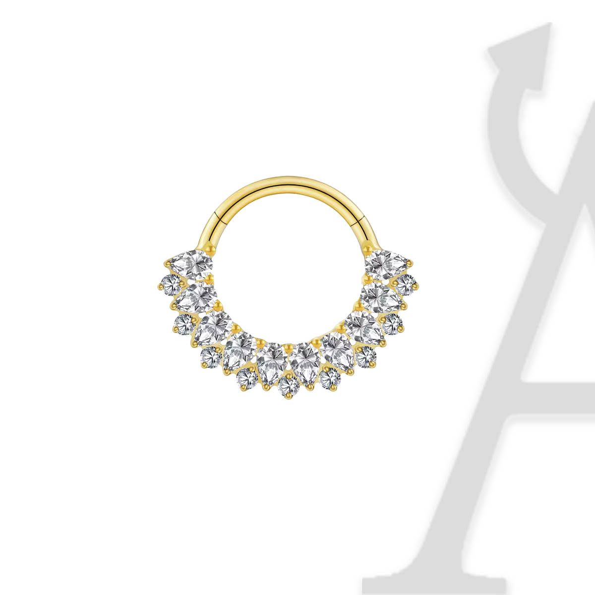 Argola clicker com leque de zircónias em gota em titânio dourado