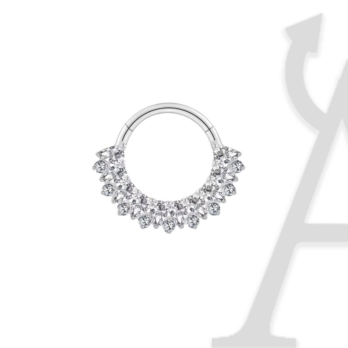 Argola clicker com leque de zircónias em gota em titânio prateado
