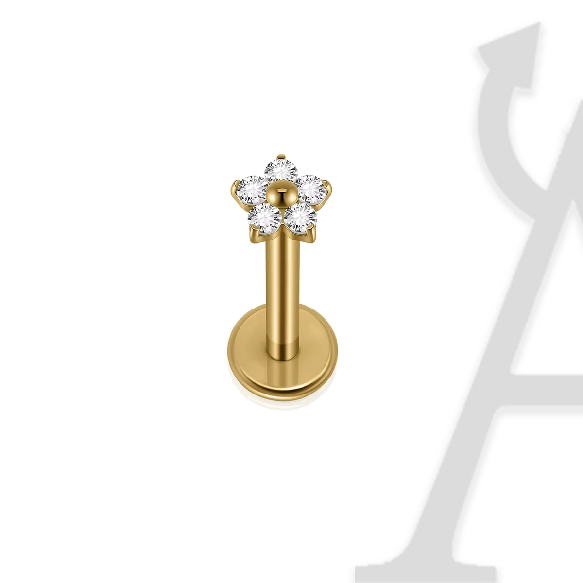 Labret flor de cinco zircónias em titânio dourado, topo de 3,4 mm