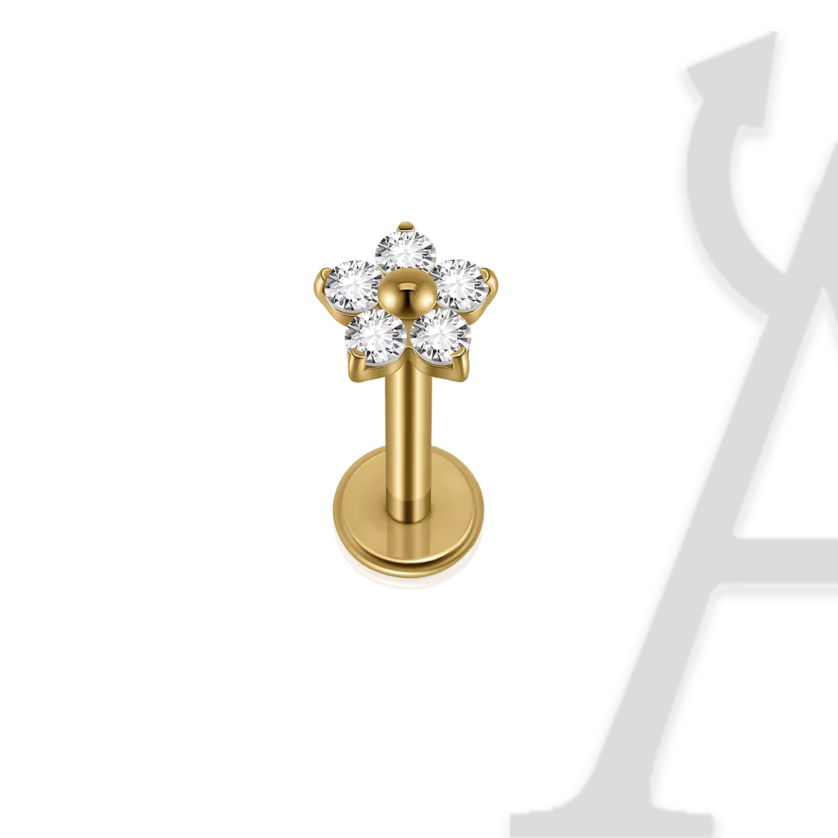 Labret flor de cinco zircónias em titânio dourado, topo de 4,5 mm