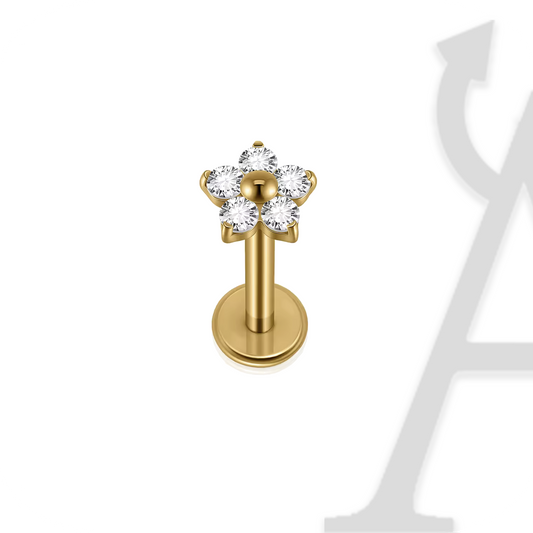Labret flor de cinco zircónias em titânio dourado, topo de 4,5 mm