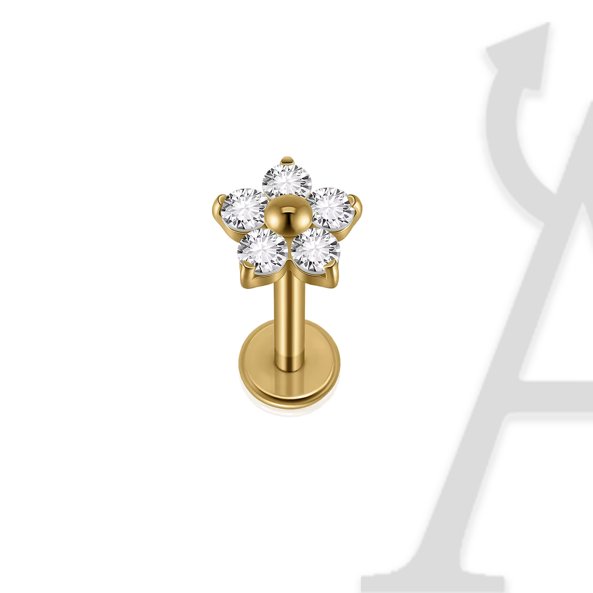 Labret flor de cinco zircónias em titânio dourado, topo de 5,5 mm