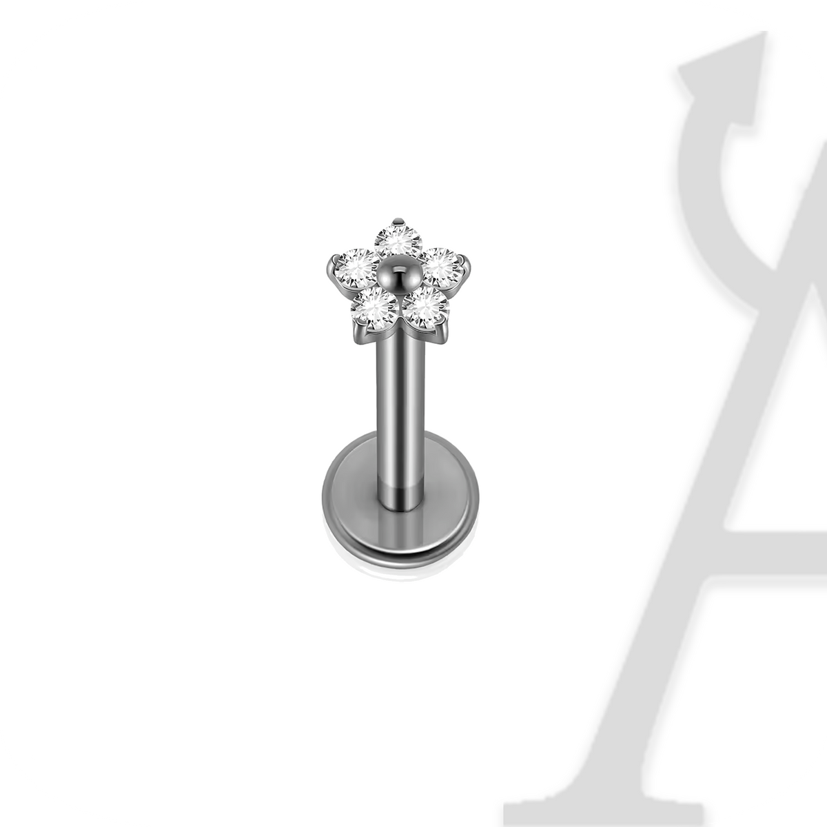 Labret flor de cinco zircónias em titânio prateado, topo de 3,4 mm