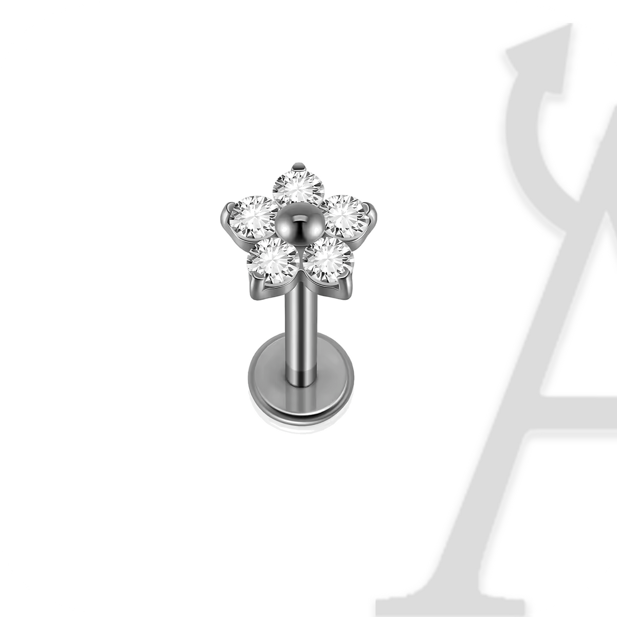 Labret flor de cinco zircónias em titânio prateado, topo de 5,5 mm