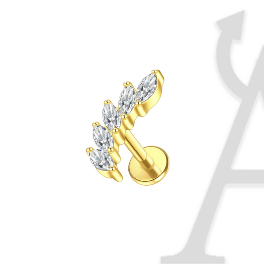 Labret pluma de cinco zircónias marquise em titânio dourado
