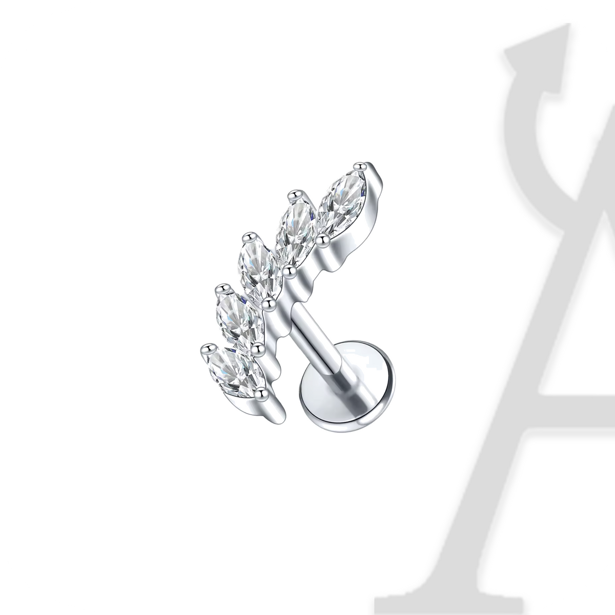 Labret pluma de cinco zircónias marquise em titânio prateado
