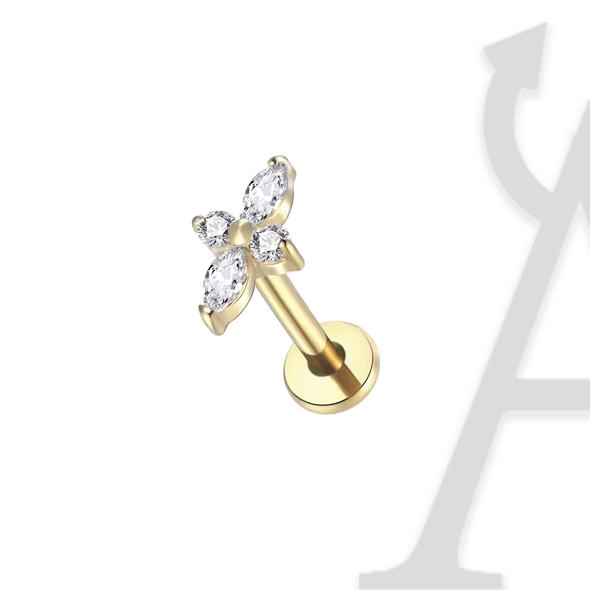 Labret trevo de quatro zircónias marquise em titânio dourado