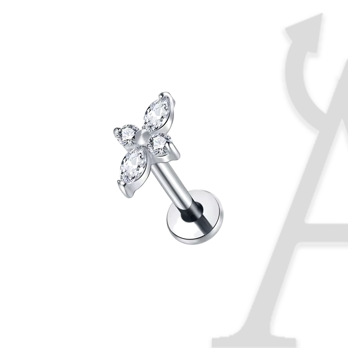 Labret trevo de quatro zircónias marquise em titânio prateado