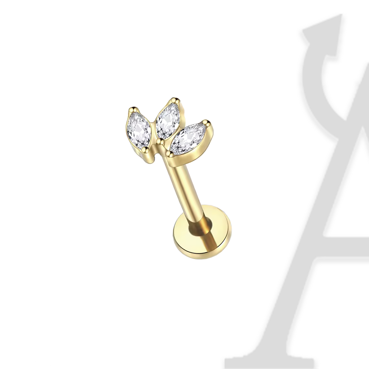 Labret com trio de zircónias marquise em leque em titânio dourado