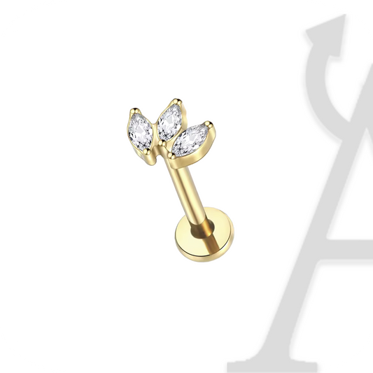 Labret com trio de zircónias marquise em leque em titânio dourado