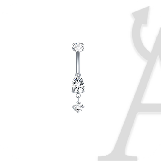 Piercing de umbigo prateado com zircónia em gota e pendente
